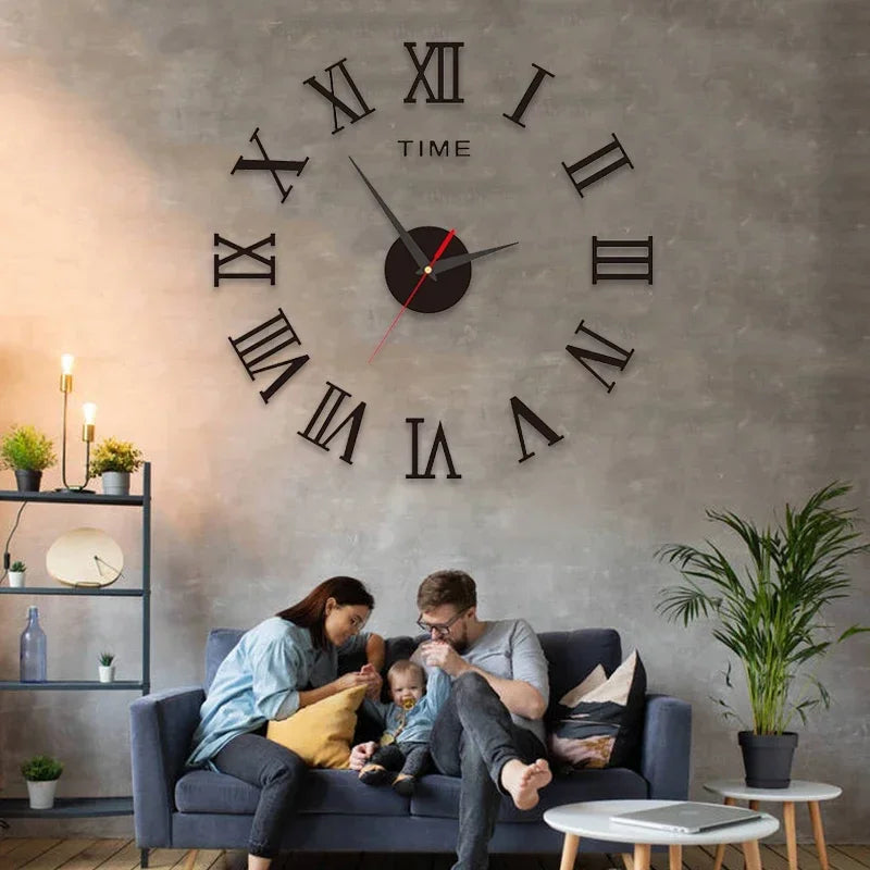 Large Size 3D DIY Silent Wall Clock Black/Gold/Silver Simple Modern Punch-Free Wall Sticker Clock