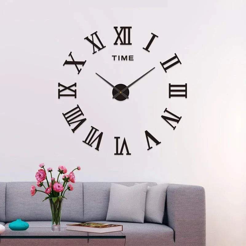 Large Size 3D DIY Silent Wall Clock Black/Gold/Silver Simple Modern Punch-Free Wall Sticker Clock