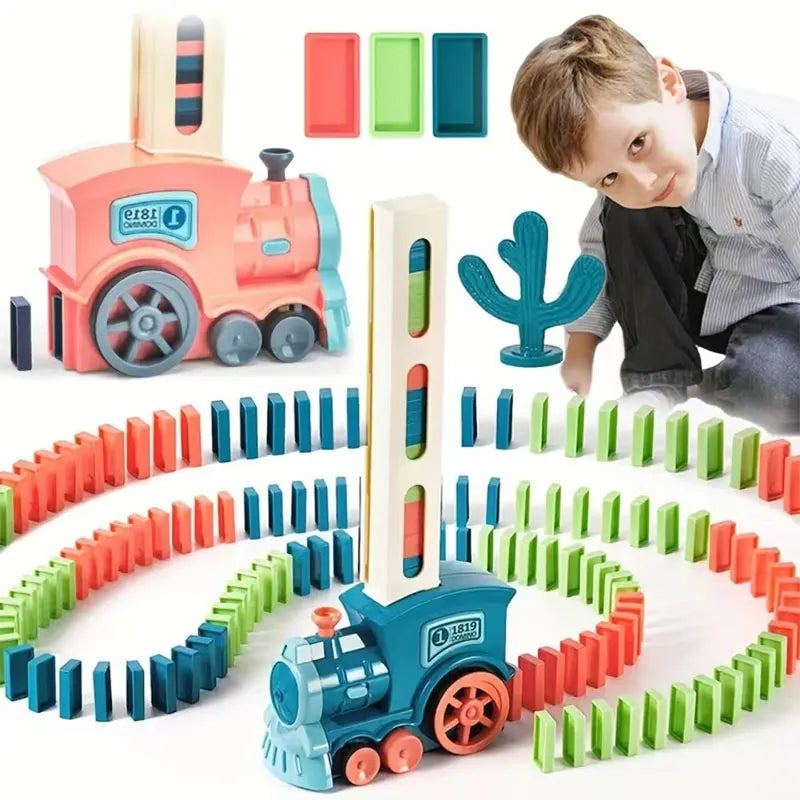 Domino children's puzzle building blocks automatically put small train chain reaction mechanism