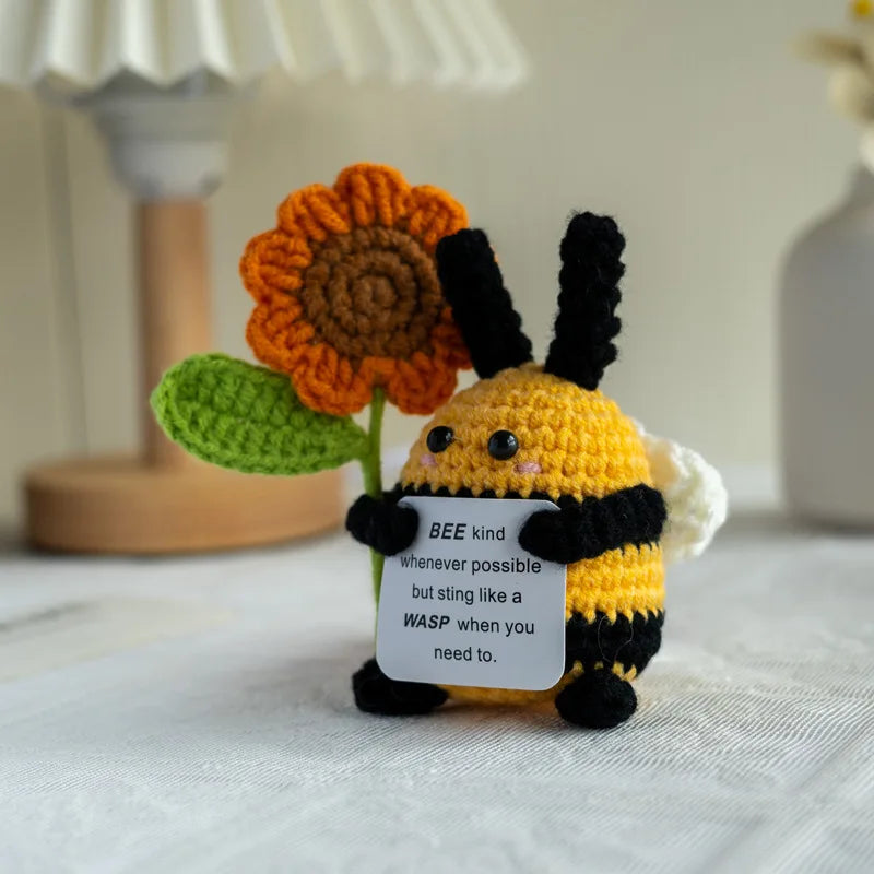 Funny Crochet Positive Energy Shark Doll with Card Home Room Decoration Handmade Knitted Flower Bee Ornament Christmas Gifts