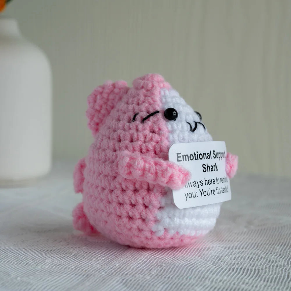 Funny Crochet Positive Energy Shark Doll with Card Home Room Decoration Handmade Knitted Flower Bee Ornament Christmas Gifts