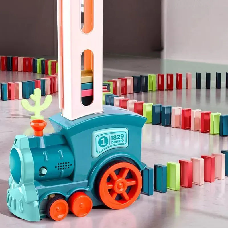 Domino children's puzzle building blocks automatically put small train chain reaction mechanism
