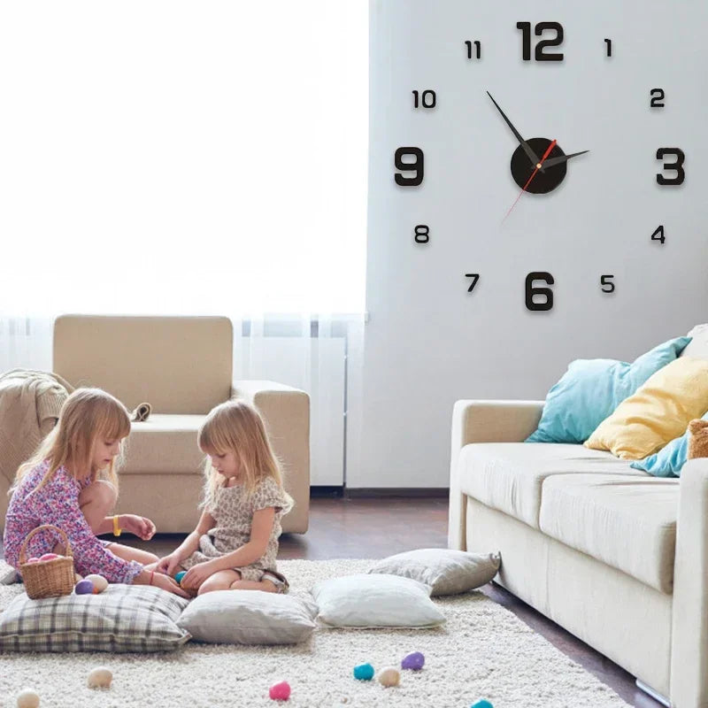 Large Size 3D DIY Silent Wall Clock Black/Gold/Silver Simple Modern Punch-Free Wall Sticker Clock