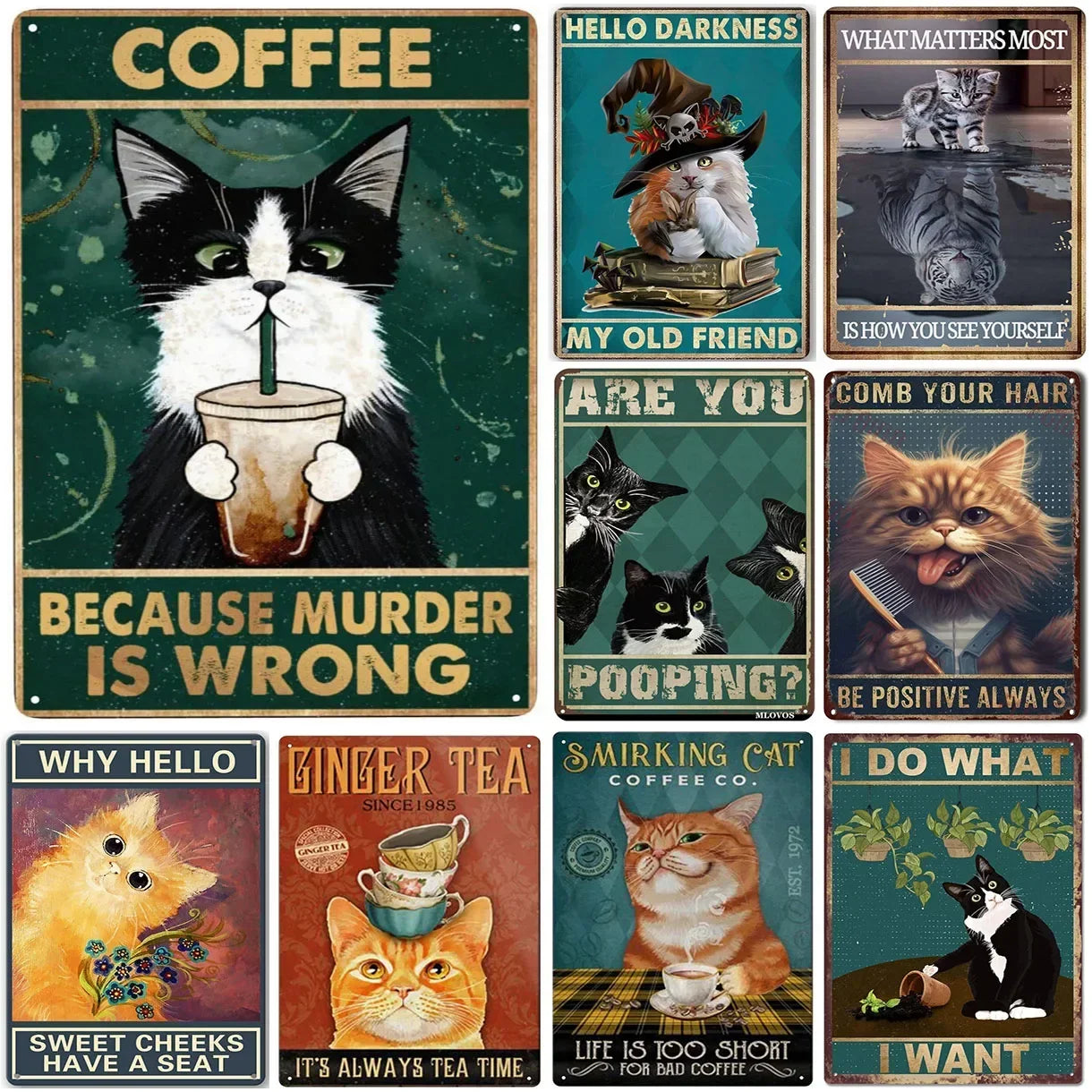 Retro Metal Tin Sign 5.5 X 8 In,More Espresso Less Depresso Poster Drinking Poster Coffee Lover Gift Funny Black Cat Wall Art