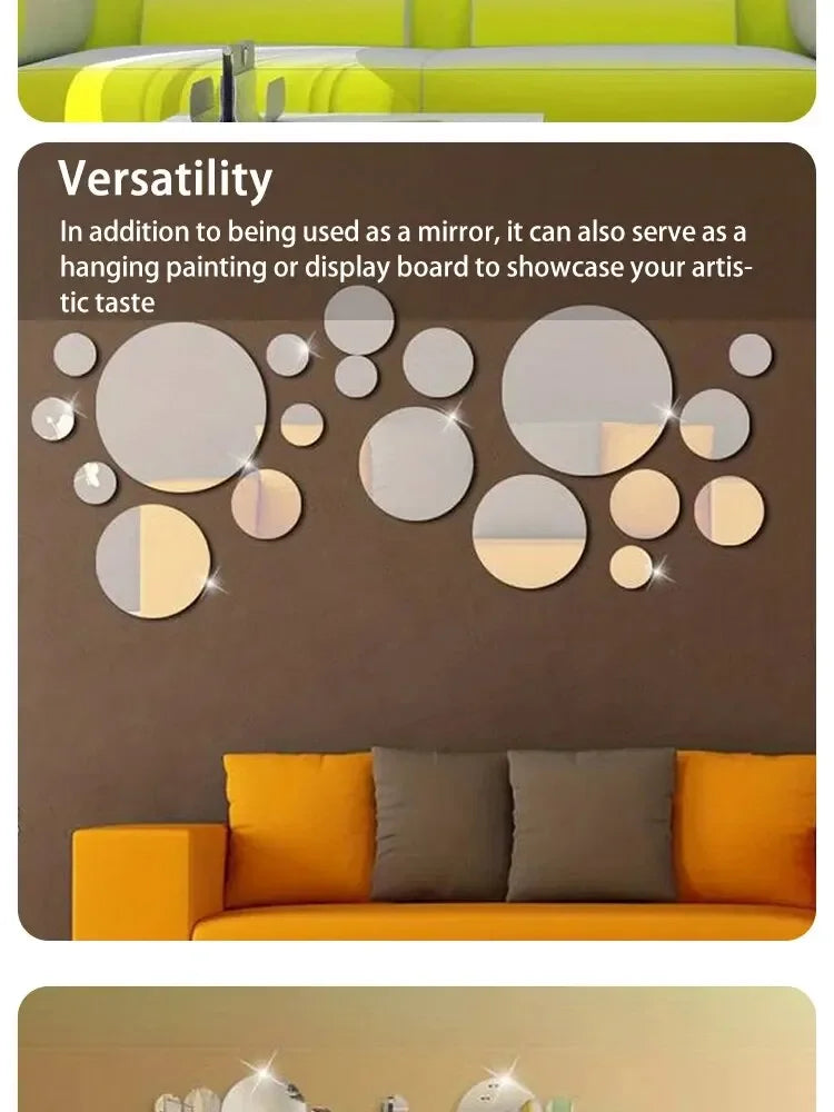 26 pcs 3D Acrylic Mirror Wall Sticker Round Mirror DIY Bedroom Bathroom and TV Background Room Sticker Wall Decoration